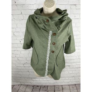 Little Houses Green Wool Button Up Lace Accent Knit Mock Neck Top Women’s M